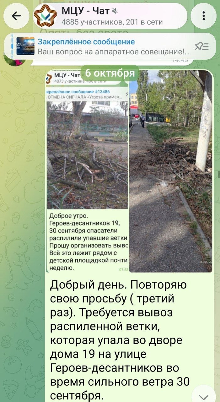 💬 С понедельника прошу МЦУ организовать вывоз веток. МЦУ игнорирует мои обращения.
