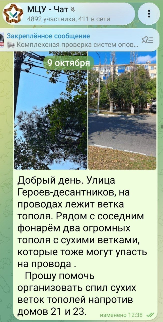 💬 Добрый день. 9 октября я сообщила о сухой ветке, которая лежит на проводах. Сегодня ветка на том же месте, как лежала, так и лежит. Что ждут? Почему не убирают с проводов?