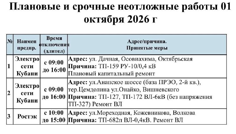 📌Информируем Вас о плановых работах на 01.10.2026