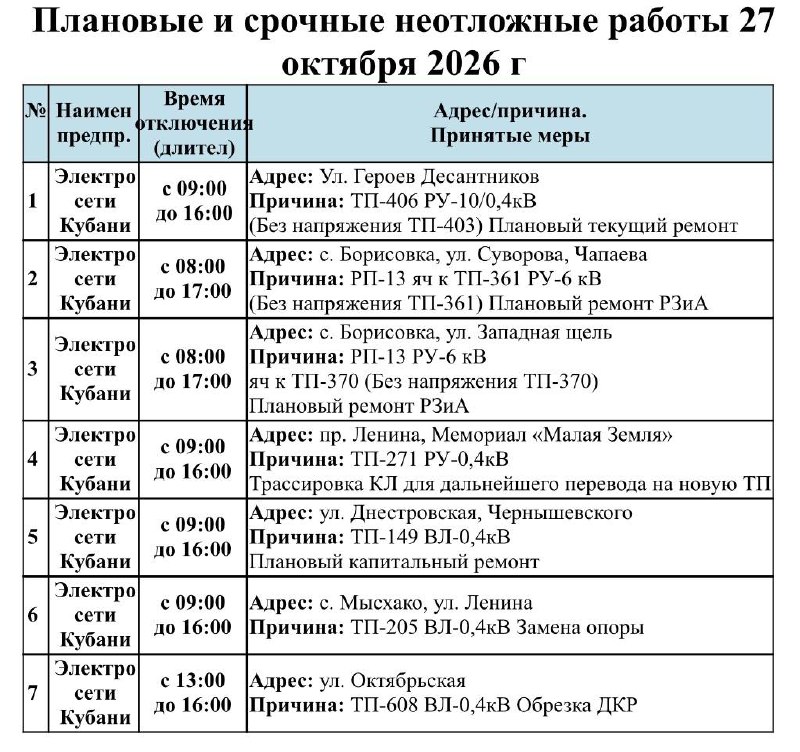 📌Информируем Вас о плановых работах на сегодня 27.10.2026